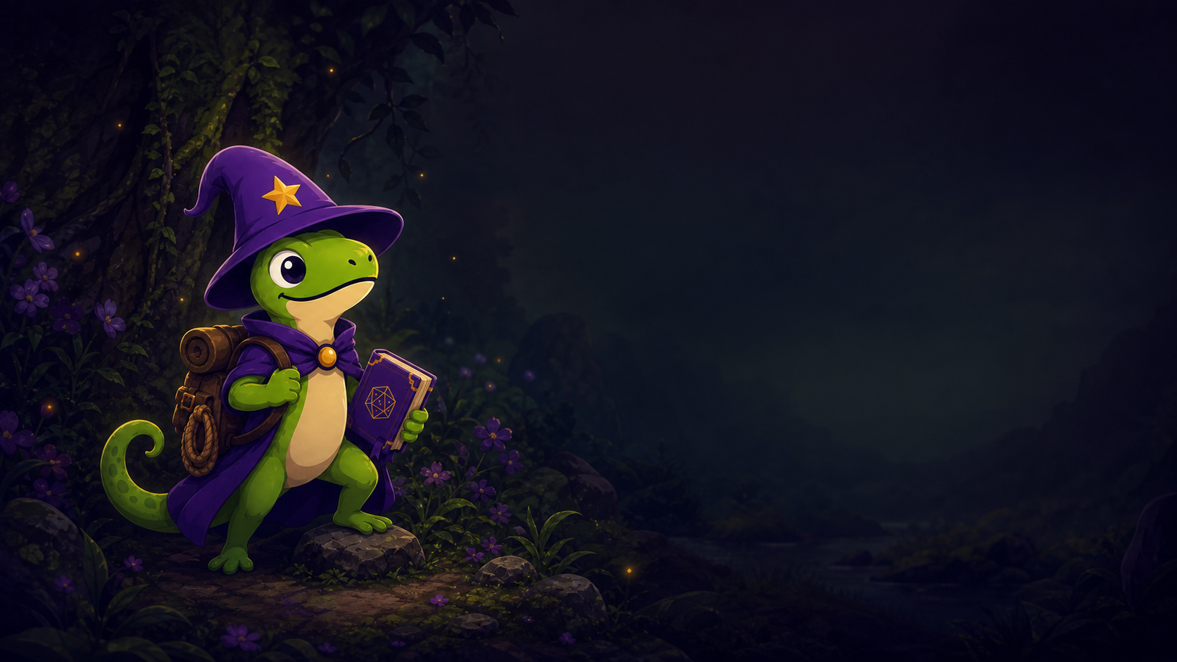 O Wizard Lizard explorador, de mochila e chapéu de mago, segurando um grimório numa floresta encantada.