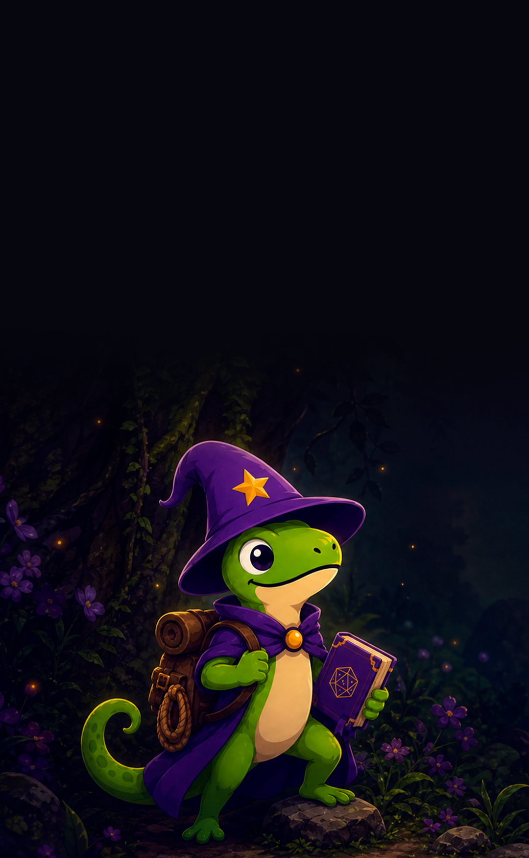 O Wizard Lizard explorador de chapéu e mochila, com um grimório, numa floresta encantada.