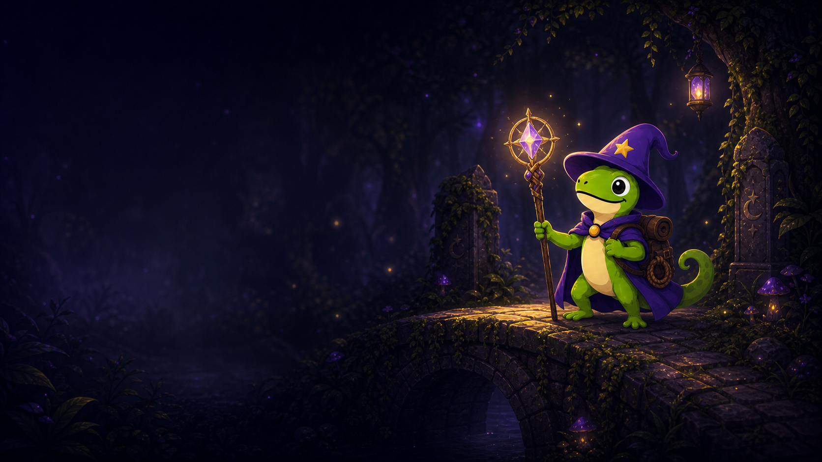 O Wizard Lizard com cajado e mochila numa ponte de pedra, numa floresta encantada à noite, lanterna acesa ao lado.