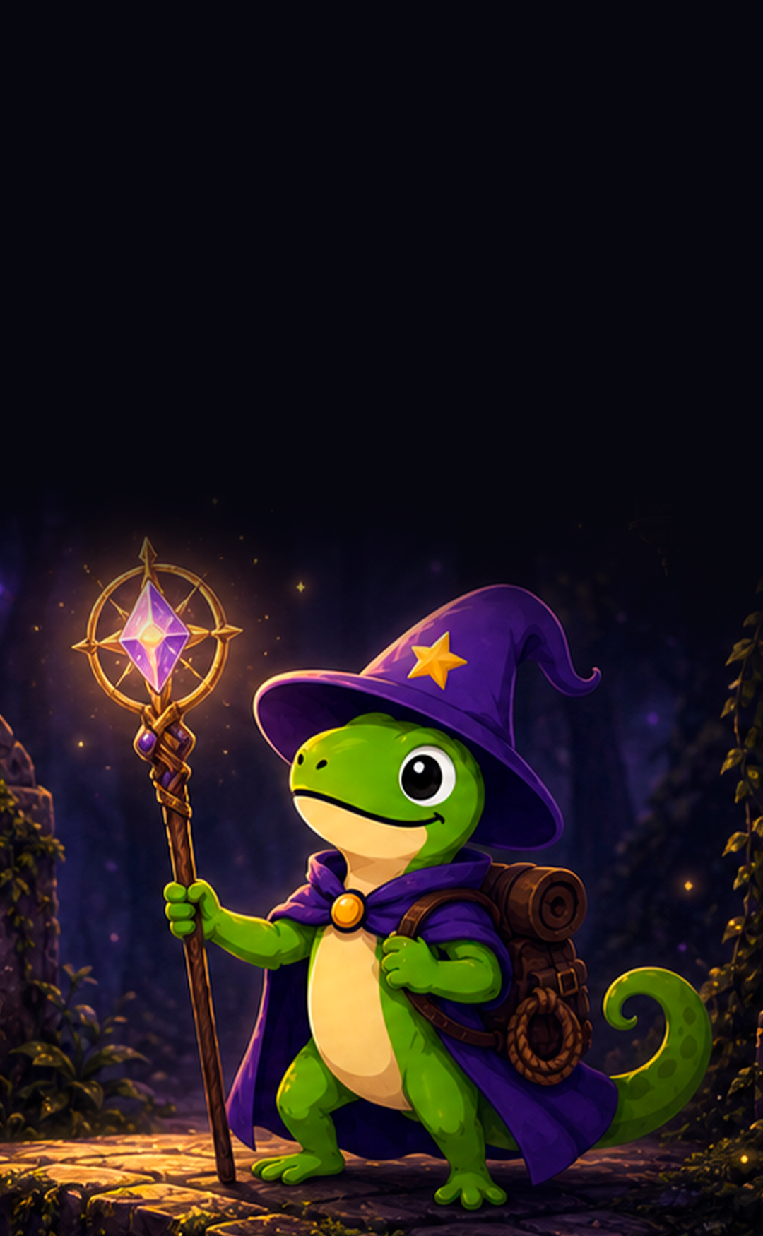 O Wizard Lizard com um cajado brilhante numa floresta encantada à noite.