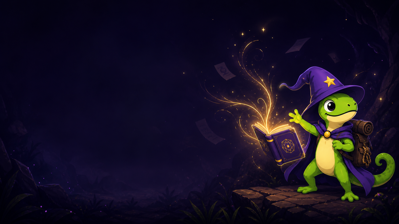 O Wizard Lizard conjurando: notas soltas viram fichas organizadas saindo de um grimório brilhante, numa floresta à noite.