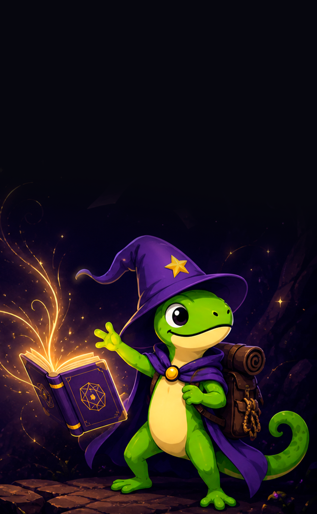 O Wizard Lizard conjurando notas de um grimório brilhante, numa floresta encantada à noite.
