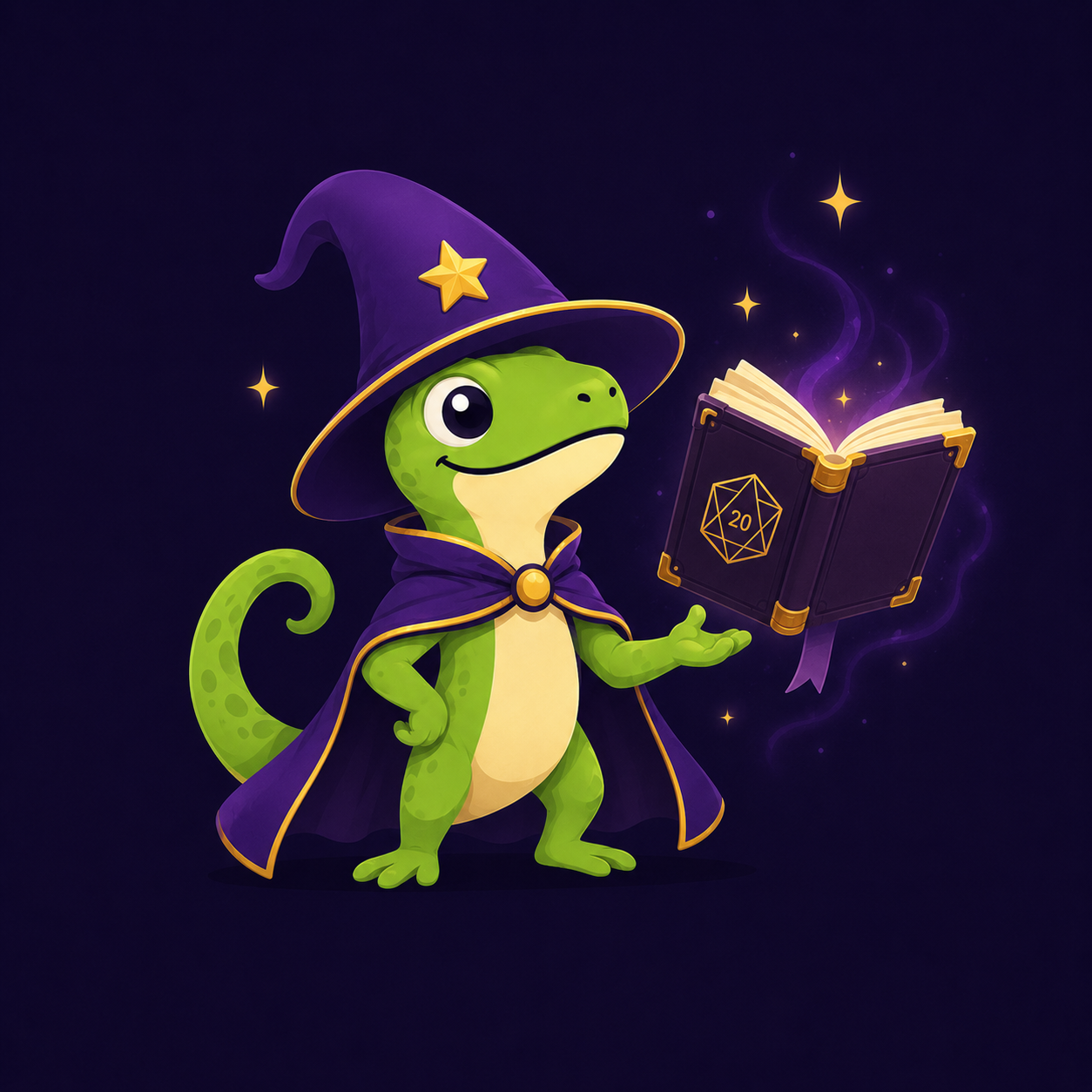 O Wizard Lizard de manto e chapéu apontando para um grimório flutuante e brilhante.