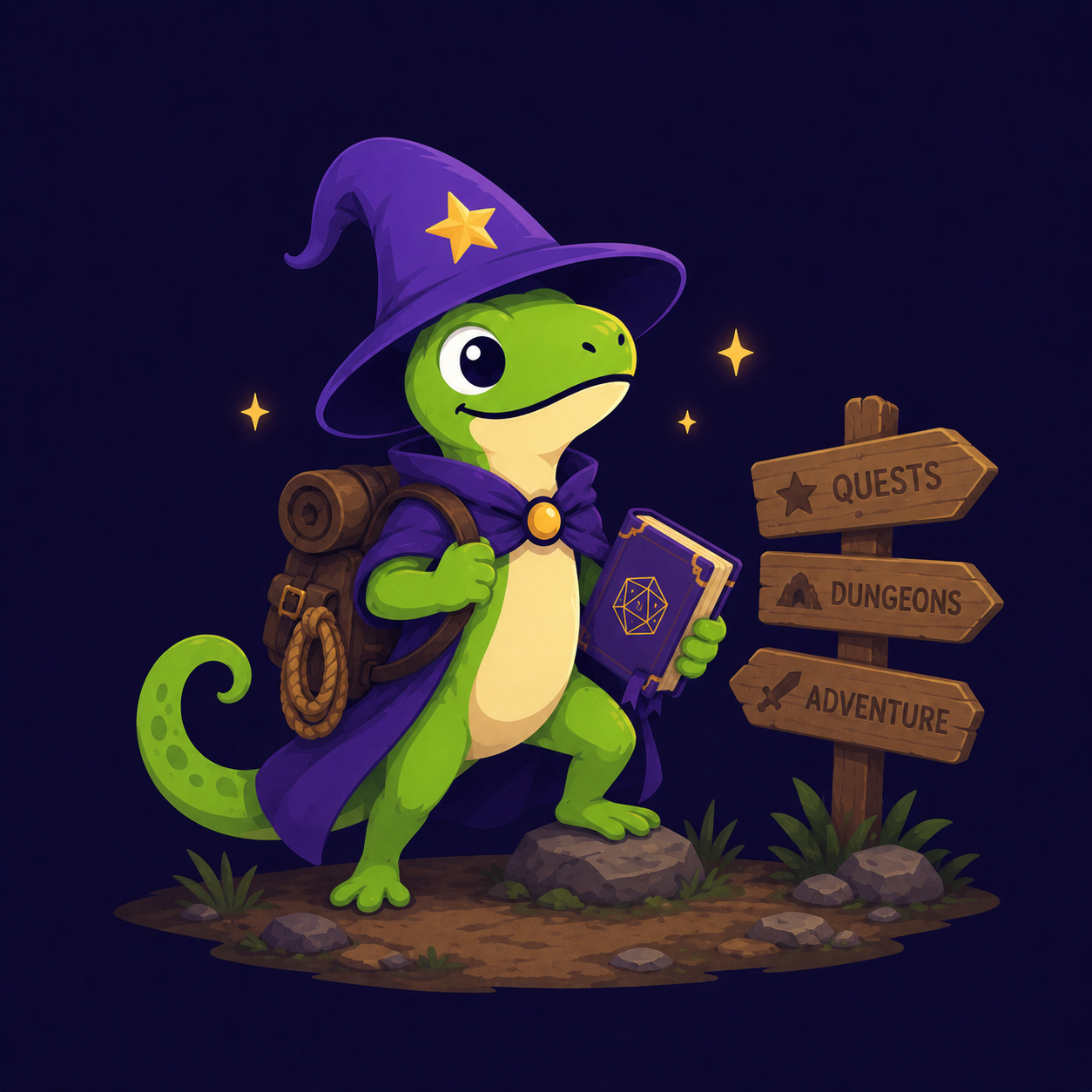 O Wizard Lizard com mochila de aventureiro e grimório, diante de uma placa apontando missões, masmorras e aventura.