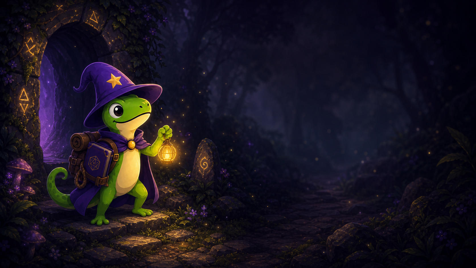 O Wizard Lizard com uma lanterna numa trilha de floresta à noite, runas brilhando na pedra.