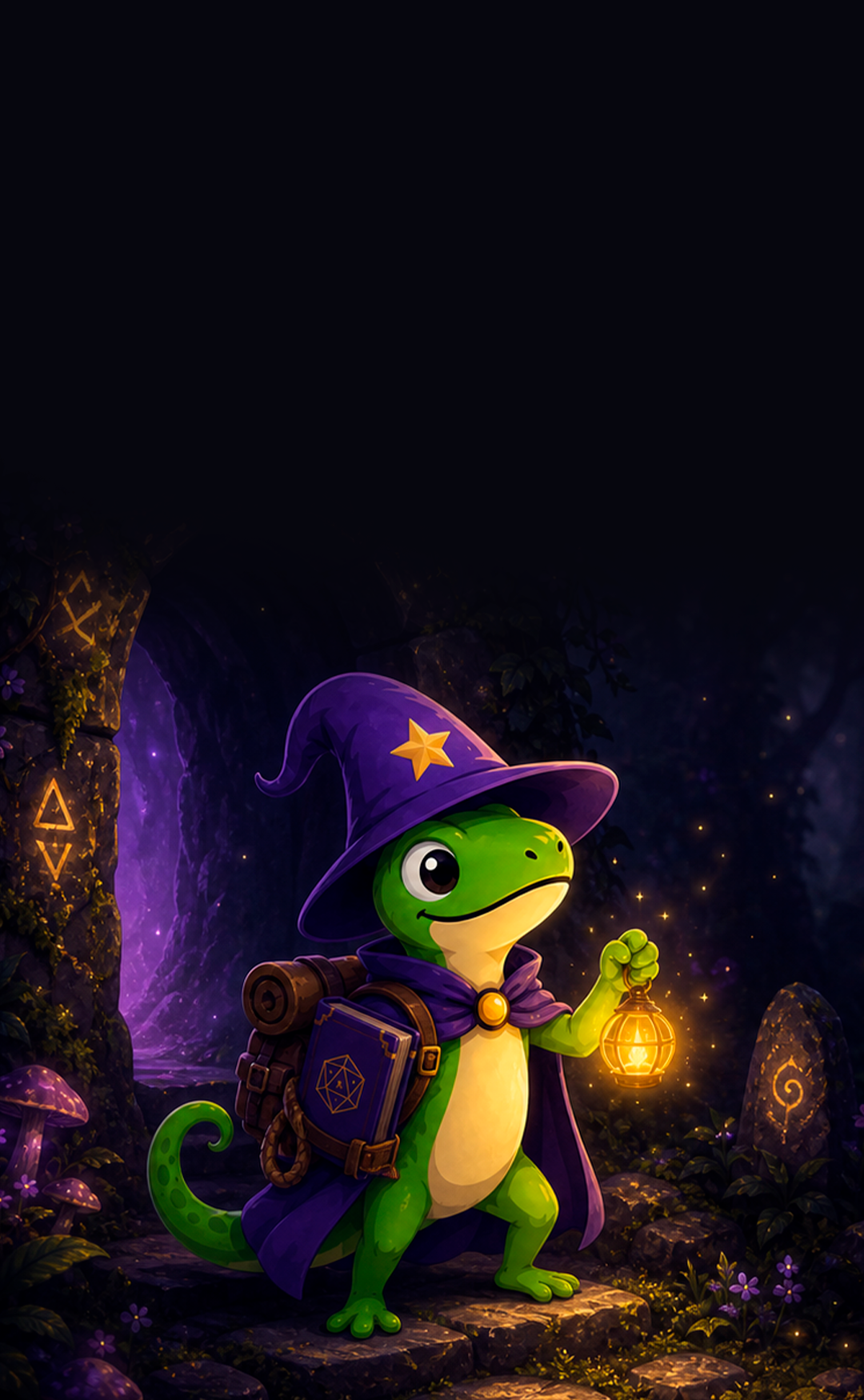 O Wizard Lizard com uma lanterna numa trilha de floresta à noite, runas brilhando.