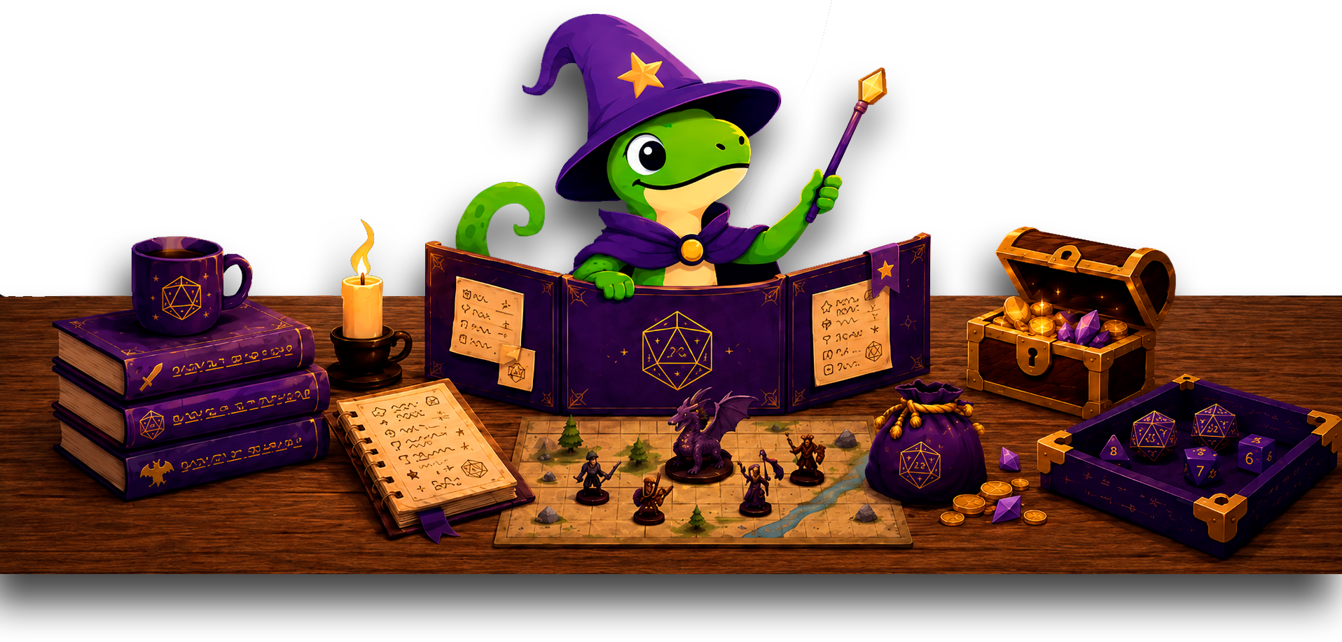 A mesa do Mestre montada num só lugar: o Wizard Lizard atrás do escudo, com livros, mapa de batalha com miniaturas, dados, baú de tesouro e notas de sessão.